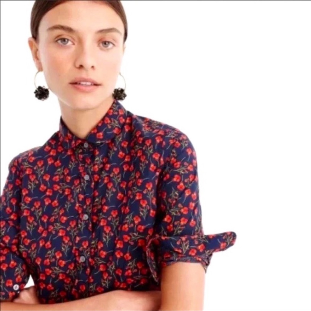 J. Crew Liberty Art Fabric Red Poppy Floral Perfect Shirt Size 4